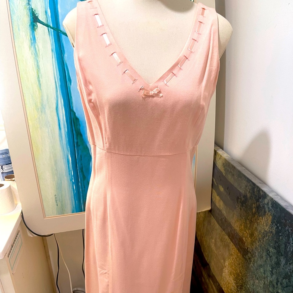 Pink dress, Size 10, ribbon detail, V front & back, lined, back zip